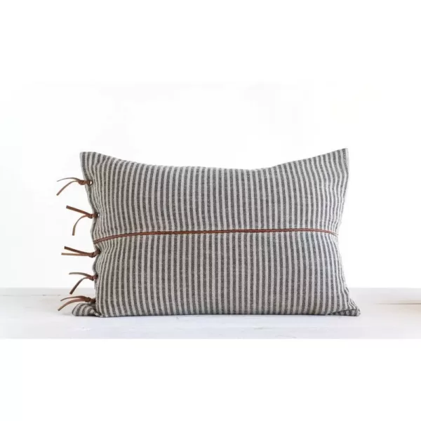 3R Studios Black & Beige Striped Cotton Ticking Lumbar with Leather Trim 24 in. x 16 in. Throw Pillow