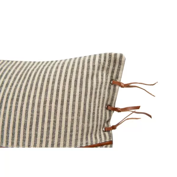 3R Studios Black & Beige Striped Cotton Ticking Lumbar with Leather Trim 24 in. x 16 in. Throw Pillow