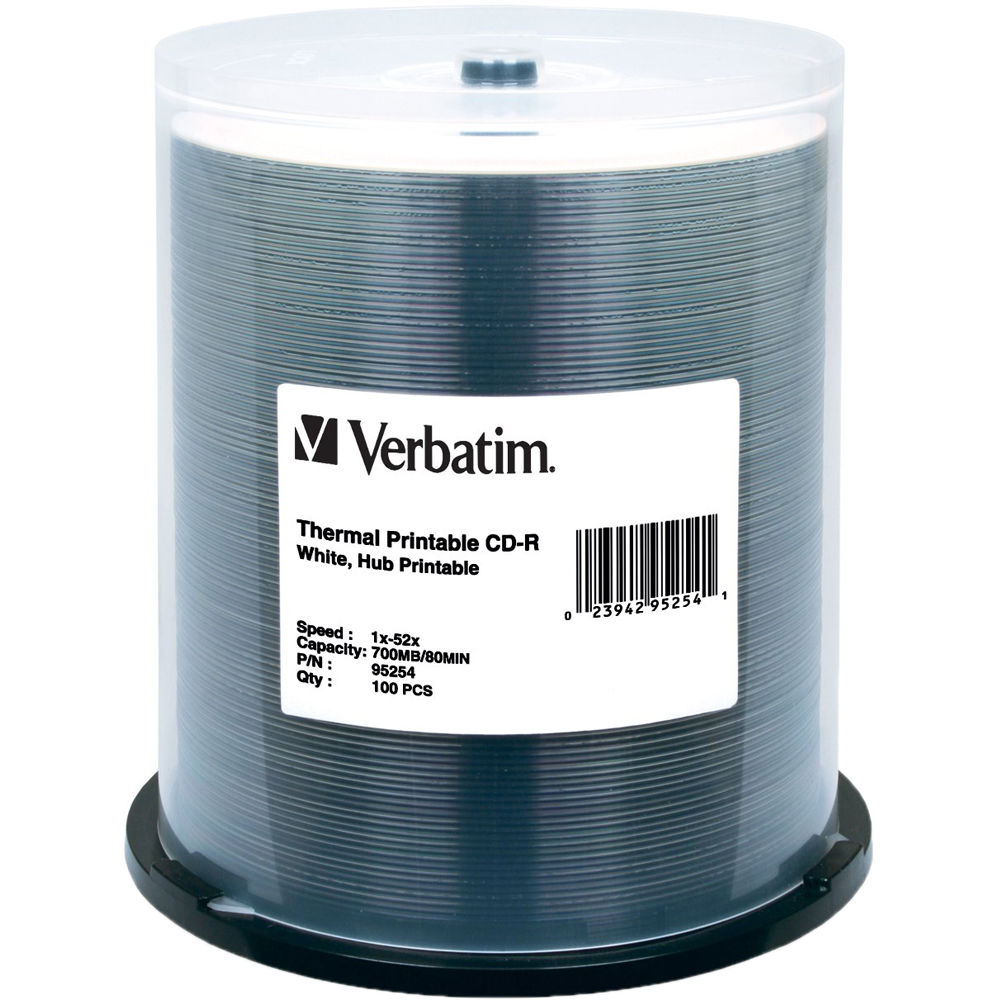 Verbatim CD-R 52x Write-Once White Thermal Printable, Hub Printable Recordable Compact Disc (Spindle Pack of 100)