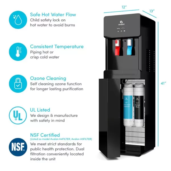 Avalon Self-Cleaning Touchless Bottle-Less Water Cooler Dispenser with Hot/Cold Water, Child Lock, NSF/UL/ENERGY STAR, Black