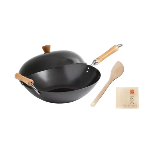Honey-Can-Do Joyce Chen 4-Piece Wok Set with Black Carbon Steel Non-Stick Wok, High Dome Lid, 12" Bamboo Spatula, and Recipe Booklet