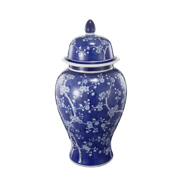 Benjara 1-Piece Ceramic Flowers Designed Ginger Jar in Blue and White