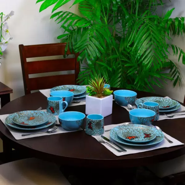 Elama Butterfly Garden 16-Piece Contemporary Blue Stone Dinnerware Set (Service for 4)