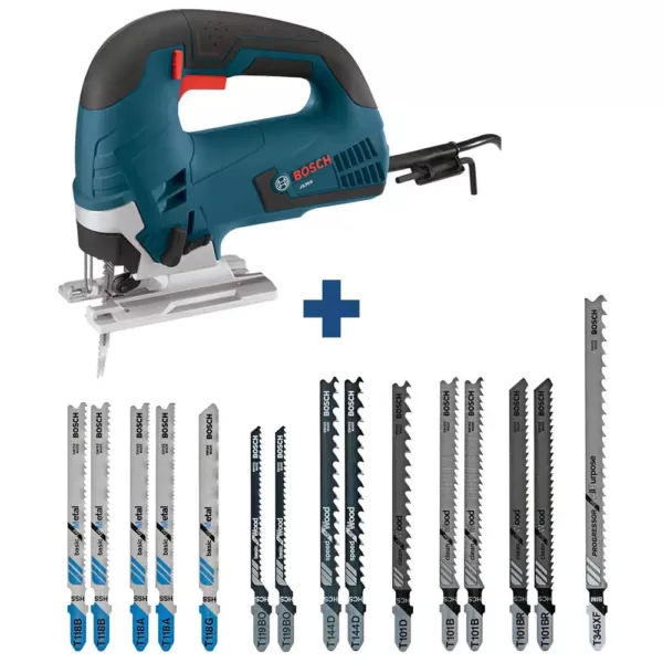 Bosch 6.5 Amp Corded Variable Speed Top-Handle Jig Saw Kit with Case and Bonus T-Shank Jig Saw Blade Set (15-Pack)