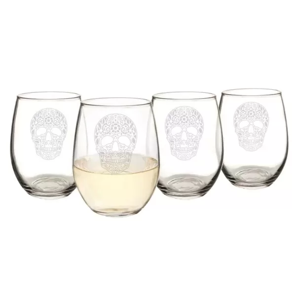 Cathy's Concepts Sugar Skull 21 oz. Stemless Wine Glasses