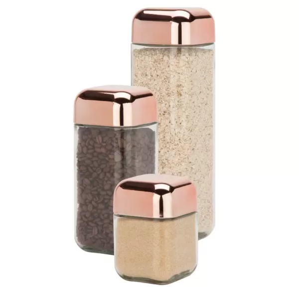 Honey-Can-Do 3-Piece 550ml, 1100ml and 1700ml Square Glass Storage Jar Set with Rose Gold with Twist Lids