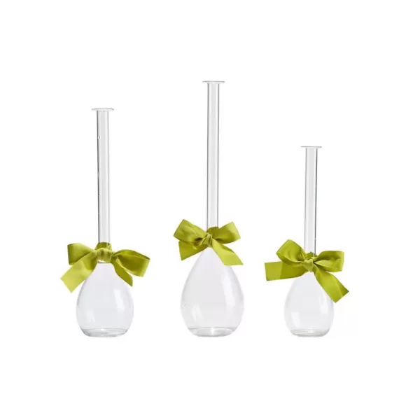 Two's Company 3-Sizes Sleek and Chic with Sage Green Ribbon Includes Clear Teardrop Vases  (Set of 3)