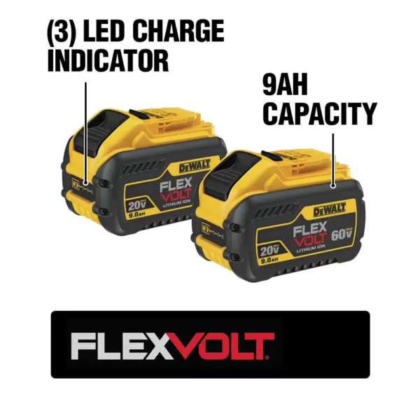 DEWALT FLEXVOLT 60-Volt MAX Brushless 1-9/16 in. SDS MAX Rotary Hammer, (2) FLEXVOLT 9.0Ah Batteries & 1/2 in. Impact Wrench