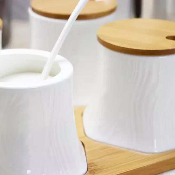 Elama Ceramic Condiment Jars with Bamboo Lids and Serving Spoons