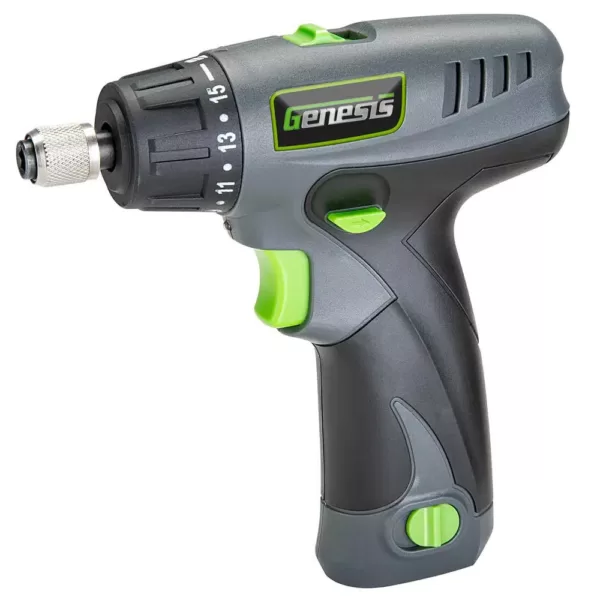 Genesis 8-Volt Lithium-Ion Cordless Quick-Change 2-Speed Screwdriver with LED Work Light, Battery Pack, Charger and 8 Bits
