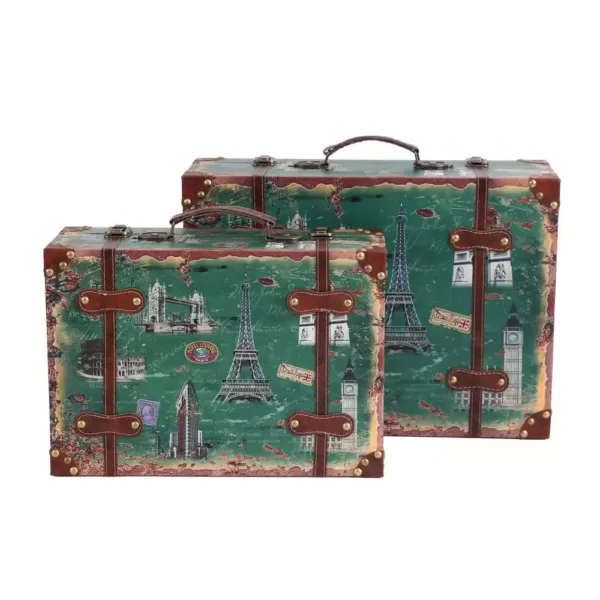Vintiquewise Set of 2 Vintage-Style World Map Leather Wooden Suitcase Trunks with Straps and Handle