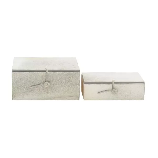 LITTON LANE Rectangular Wood and Leather Hide Gray Buttoned Boxes (Set of 2)