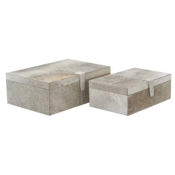 LITTON LANE Rectangular Wood and Leather Hide Gray Buttoned Boxes (Set of 2)