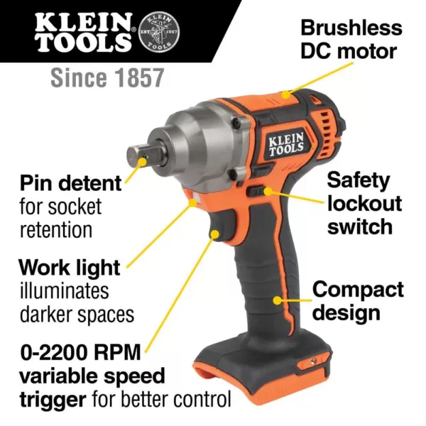 Klein Tools Battery-Operated Compact Impact Wrench, 1/2 in. Detent Pin, Tool Only