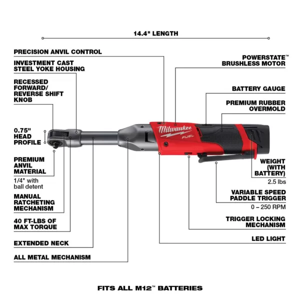 Milwaukee M12 FUEL 12-Volt Lithium-Ion Brushless Cordless 1/4 in. Extended Reach Ratchet Kit with One 2.0 Ah Batteries