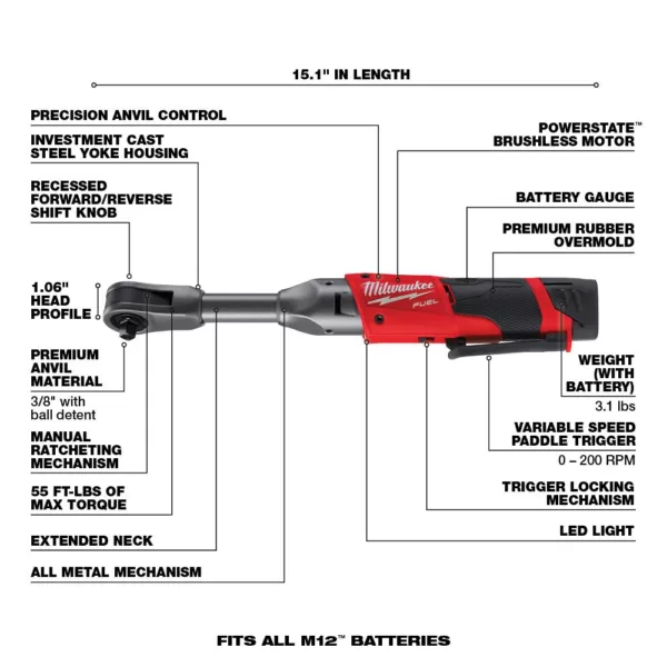 Milwaukee M12 FUEL 12-Volt Lithium-Ion Brushless Cordless 3/8 in. Extended Reach Ratchet Kit with One 2.0 Ah Batteries