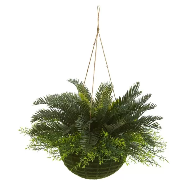 Nearly Natural Indoor/Outdoor Cycas Artificial Plant in Mossy Hanging Basket