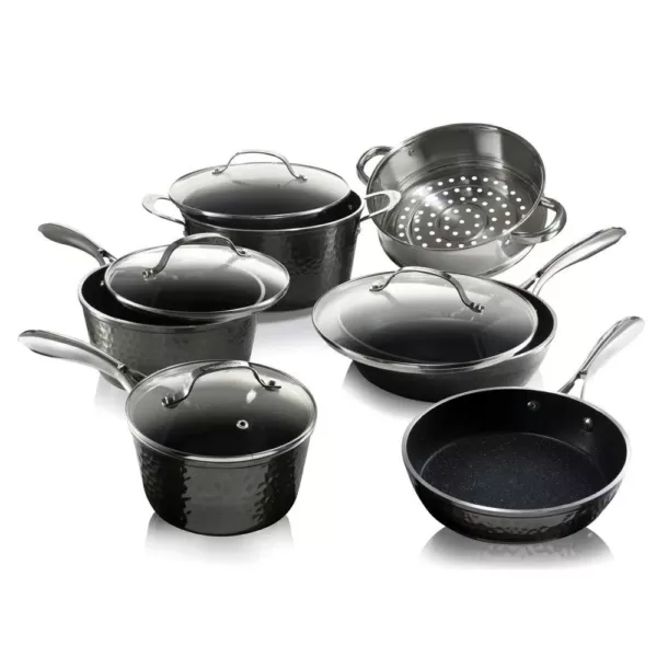 GRANITESTONE 10-Piece Aluminum Hammered Ultra-Durable Non-Stick Diamond Infused Cookware Set in Pewter