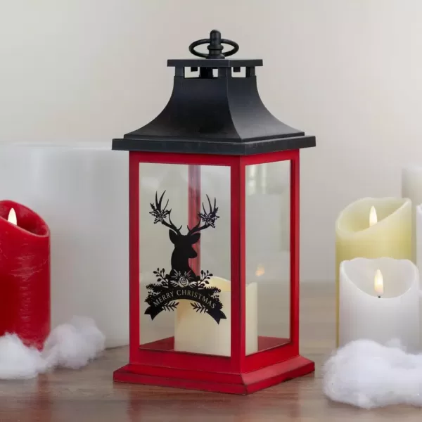 Northlight 12 in. Red and Black LED Candle With Deer Christmas Lantern