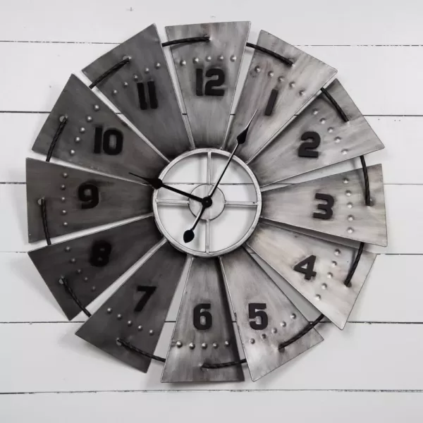 Pinnacle Windmill Galvanized Metal Silver Wall Clock