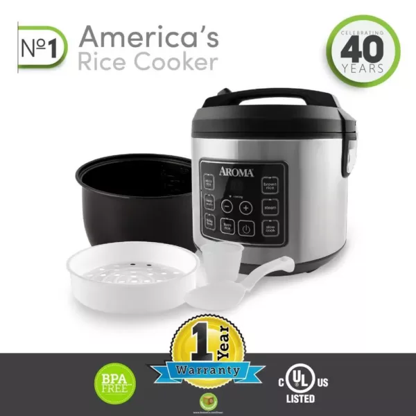 AROMA 20-Cup Silver Rice Cooker with Food Steamer and Slow Cooker Functions