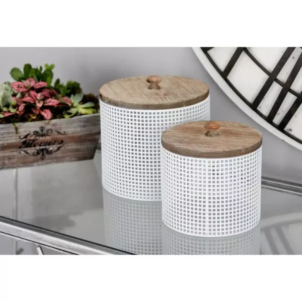 LITTON LANE White Iron Mesh Round Canisters with Wooden Lid (Set of 2)