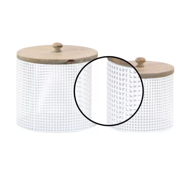 LITTON LANE White Iron Mesh Round Canisters with Wooden Lid (Set of 2)