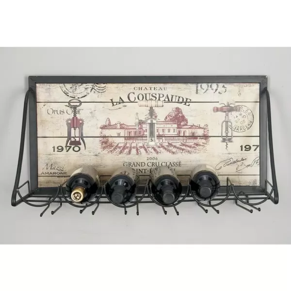 LITTON LANE Wood and Iron 6-Bottle Wall Mounted Wine Rack with Stemware Holder