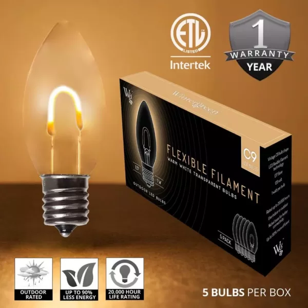 Wintergreen Lighting FlexFilament C9 LED Shatterproof Warm White Vintage Edison Replacement Light Bulbs (5-Pack)