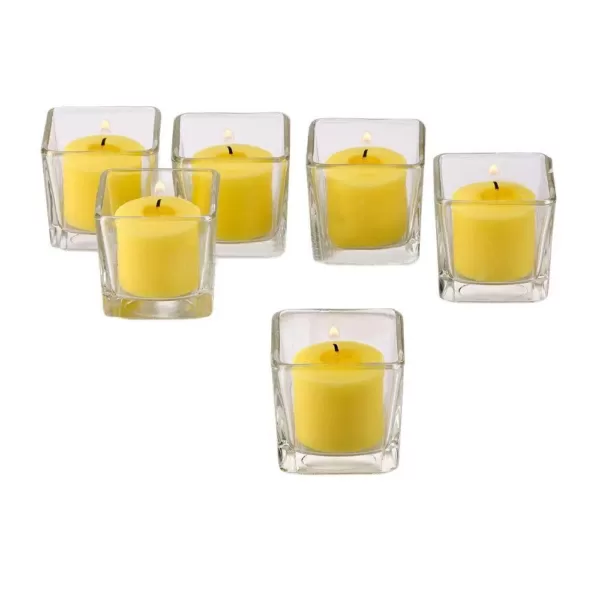 Light In The Dark Clear Glass Square Votive Candle Holders with Yellow Votive Candles (Set of 12)