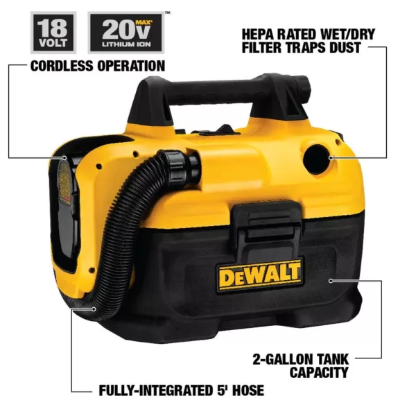 DEWALT 2 Gal. Max Cordless Wet/Dry Vacuum without Battery and Charger